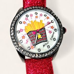 Betsey Johnson "Golden Fries" NWOT Watch Mother Of Pearl Face Red Glitter Strap